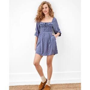 AE Floral Women's Blue Ditsy Flower Smocked Long-Sleeve Ruffle Mini Dress Medium